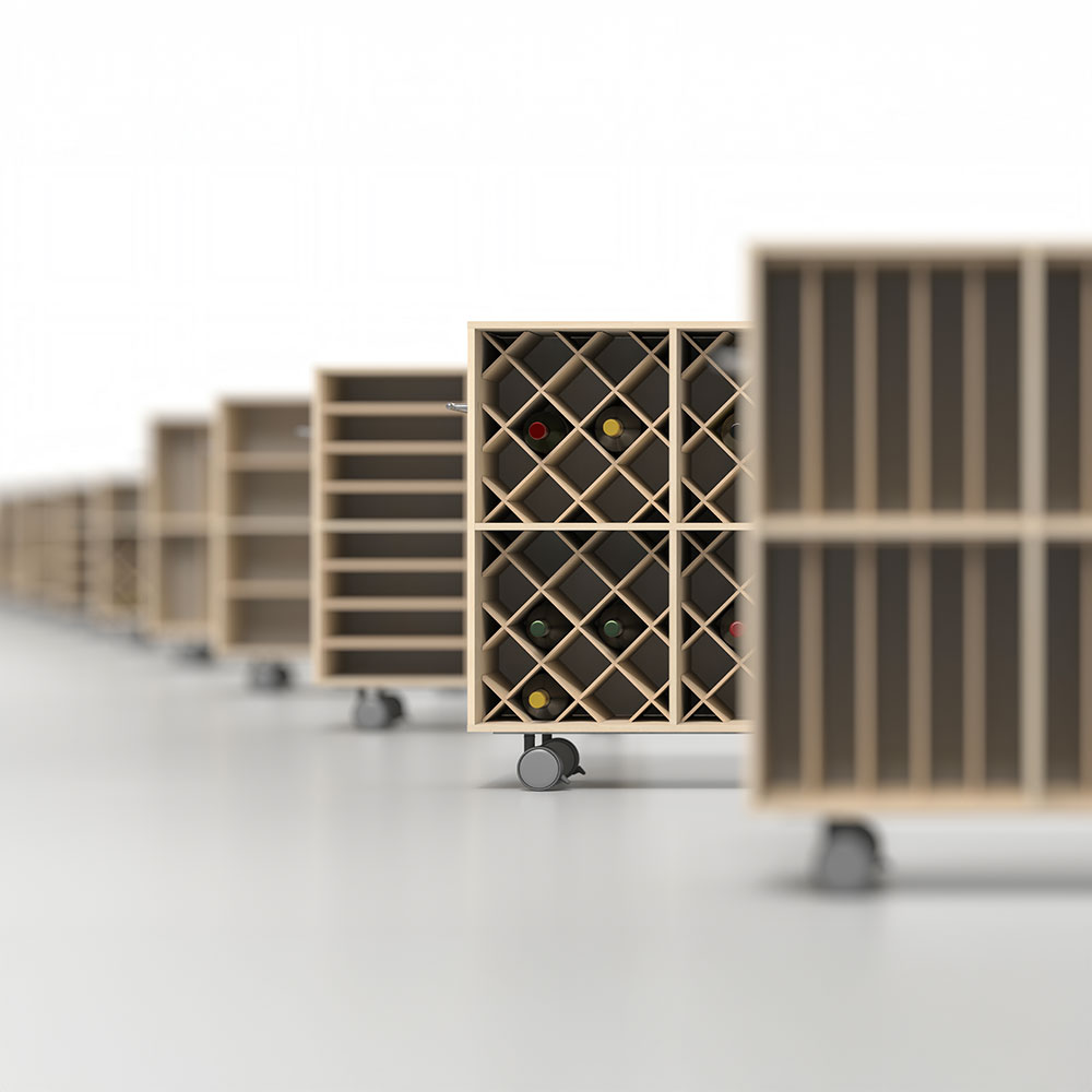 Storage Cart キャスター付き収納カート パーティションインナーは、機内サービス用のワゴンをヒントにして開発されたキャスター収納です。Shelf カウンター・デスク付き本棚の天板下にぴったり納まるサイズです。組み合わせてデスクワゴン、デスクサイドラックとしてお使いいただけます。