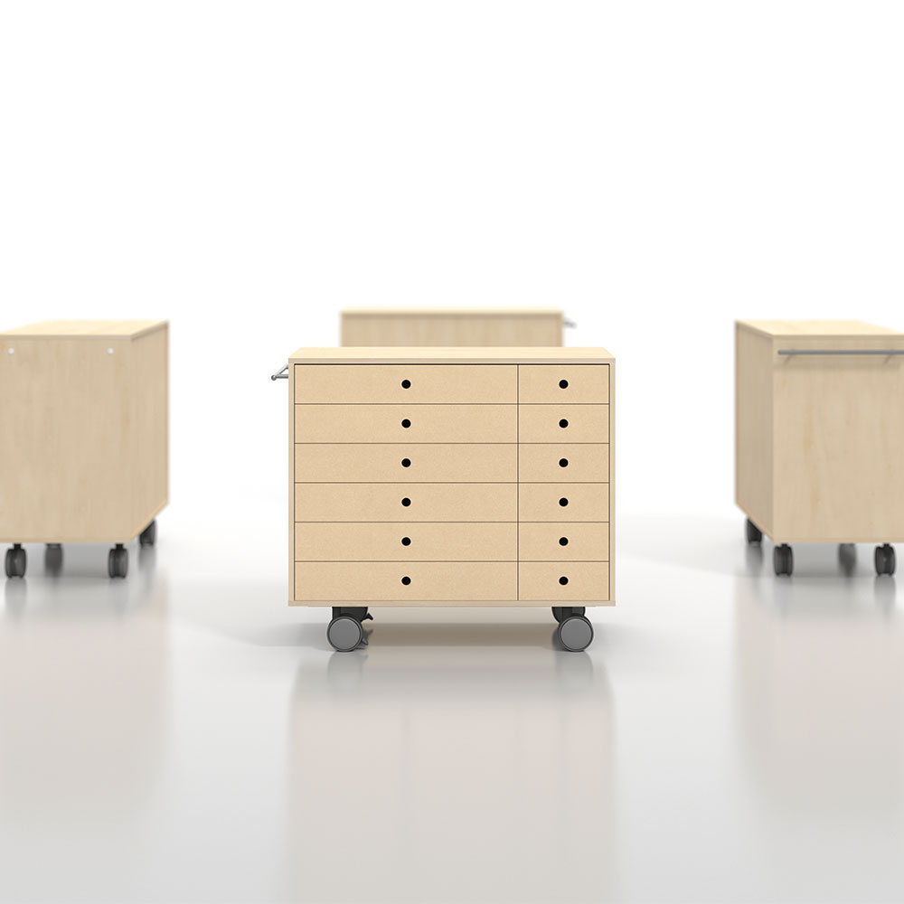 Storage Cart キャスター付き収納カート ミドルタイプは、機内サービス用のワゴンをヒントにして開発されたキャスター収納です。Shelf カウンター・デスク付き本棚の天板下にぴったり納まるサイズです。組み合わせてデスクワゴン、デスクサイドラックとしてお使いいただけます。