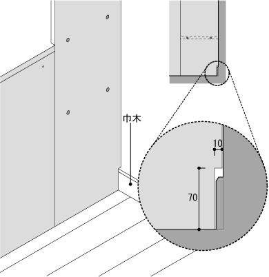 巾木よけカット寸法 / Shelf スタンディングデスク付き本棚 奥行350mm