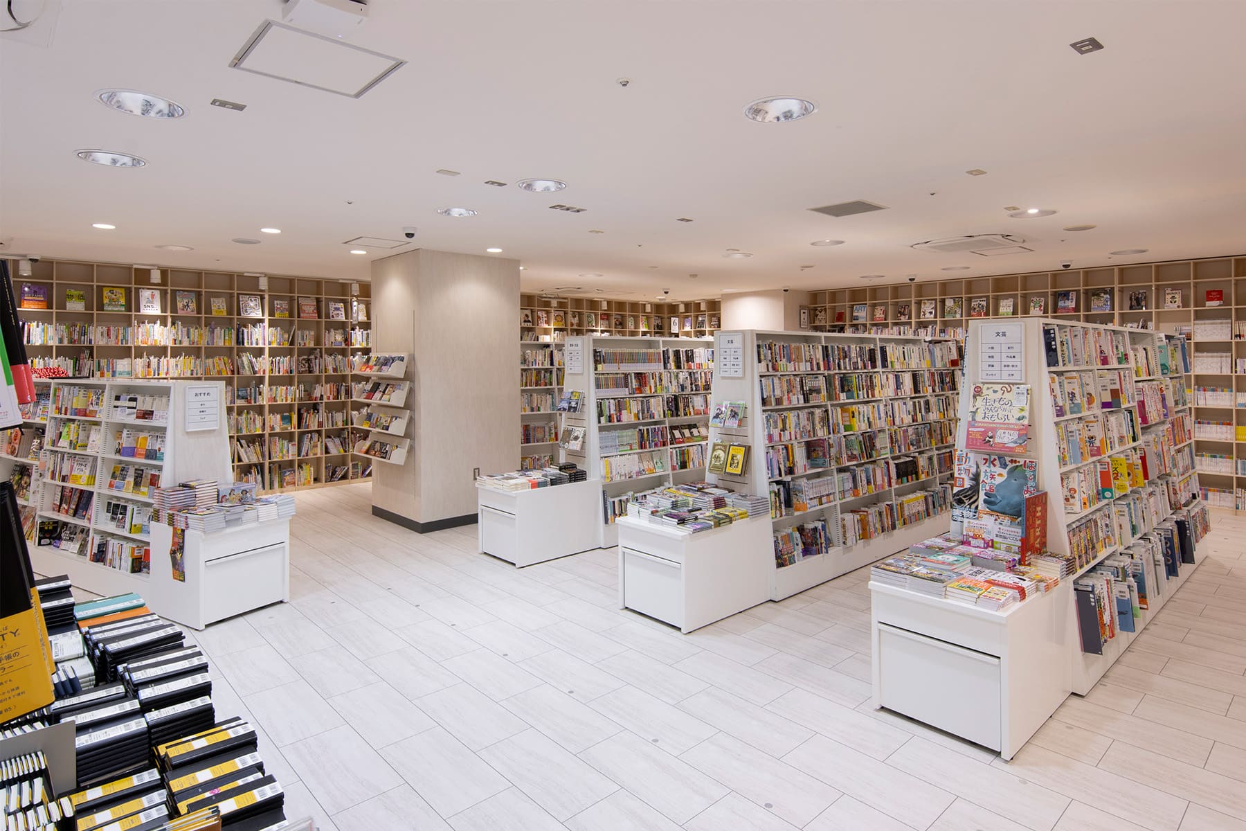 北野書店様の店内に設置された木製書棚 - Shelf 壁一面の本棚 - マルゲリータお客様事例