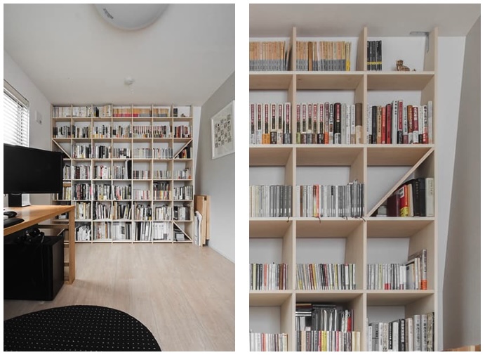 梁下にジャストサイズの収納本棚を設置 窓やエアコンも避けて大容量の収納の事例を紹介